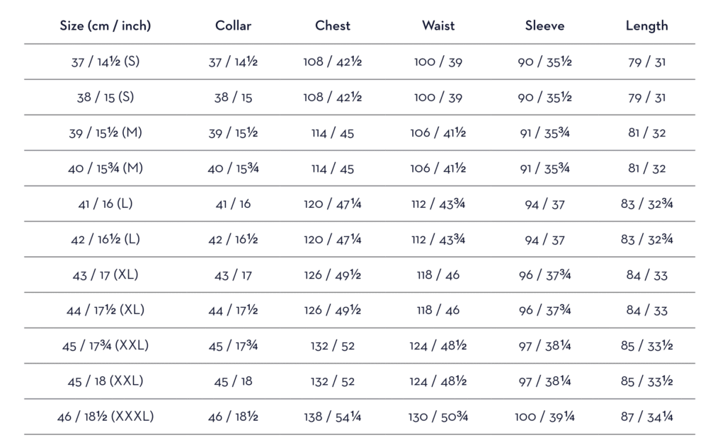 CONTEMPORARY SIZE GUIDE