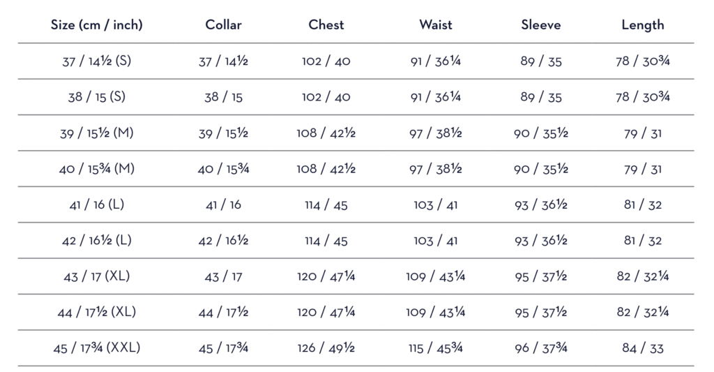 Slim Fit size guide