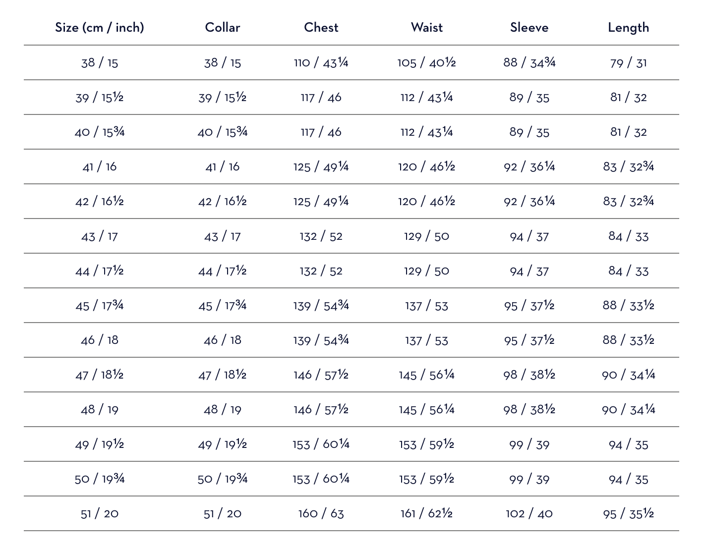 Eton shirt classic size guide