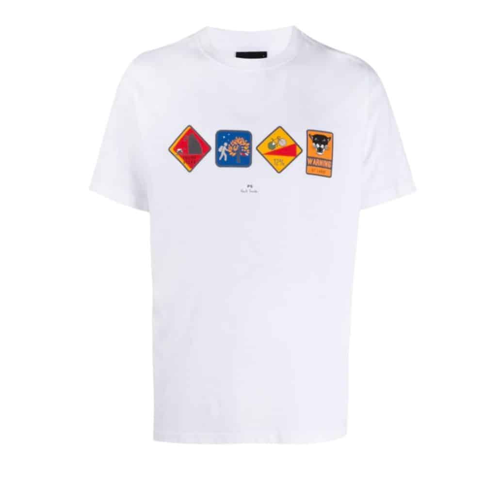 Paul Smith Mens White Warning Print Organic Cotton T Shirt 3