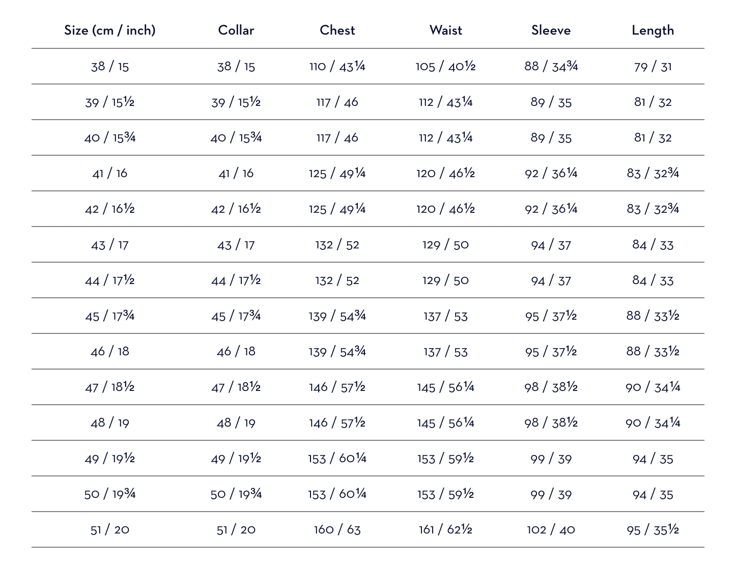 Eton classic shirt size guide