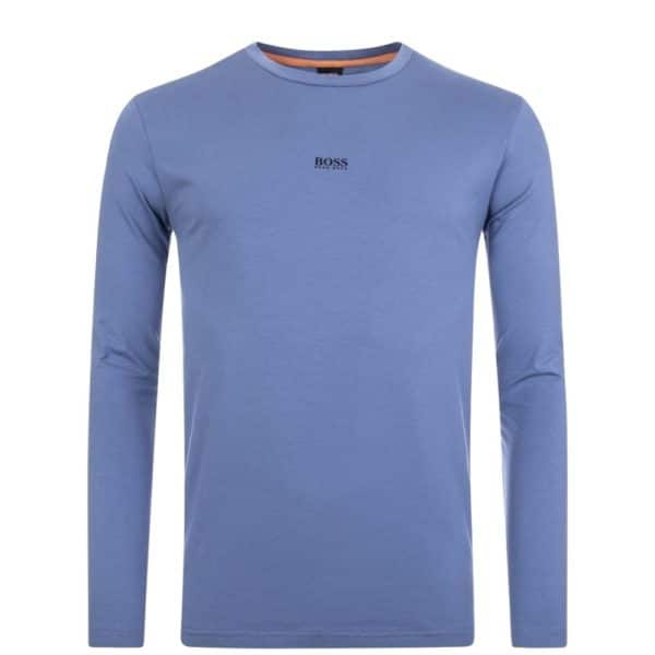 BOSS Light Blue Long sleeved stretch cotton T shirt with five layer logo front