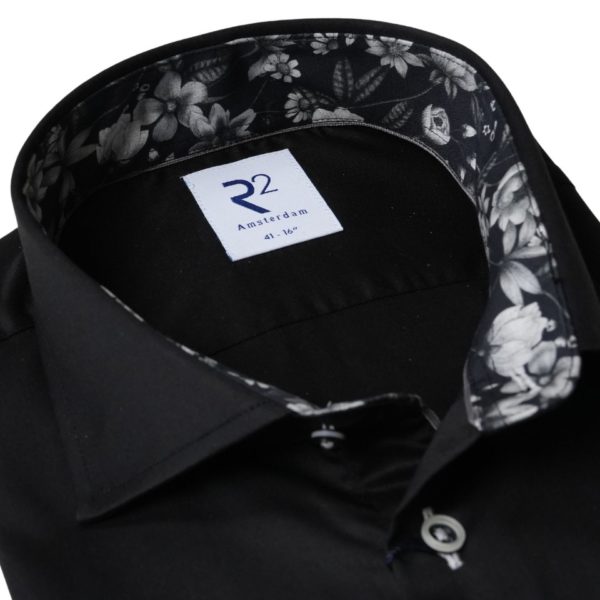 R2 Amsterdam Monochrome Autumn Floral Trim Black Shirt