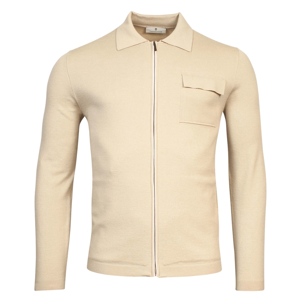 Thomas Maine Marino Wool Full Zip Cream Cardigan