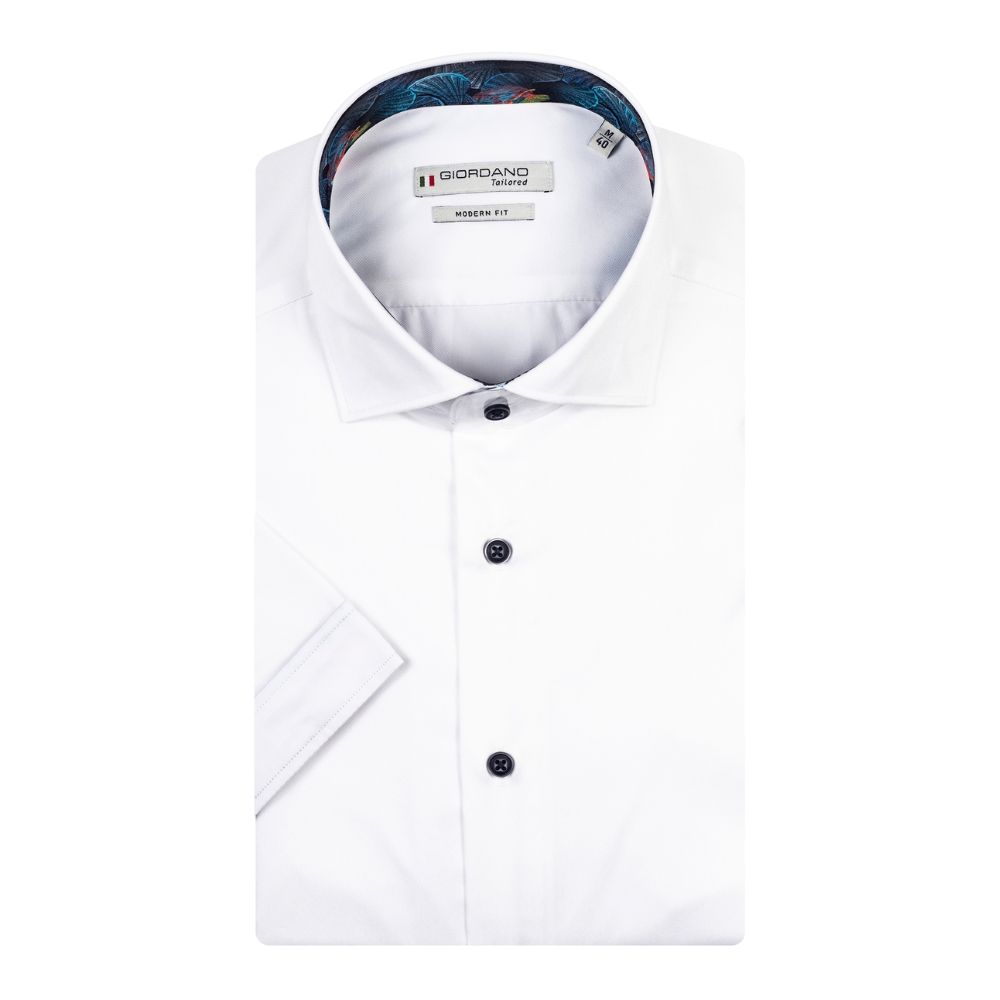 Giordano Lago Solid Fine Twill Semi Cutaway Short Sleeve White Shirt