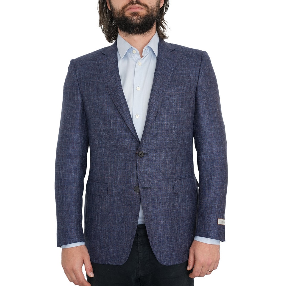 Canali Wool Silk Linen Slim Fit Basket Weave Navy Jacket