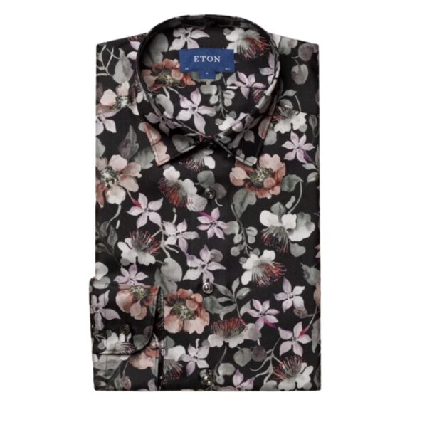 Eton Black Floral Silk Twill Shirt folded