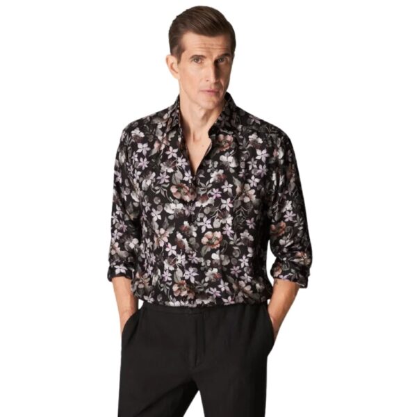 Eton Black Floral Silk Twill Shirt tucked in