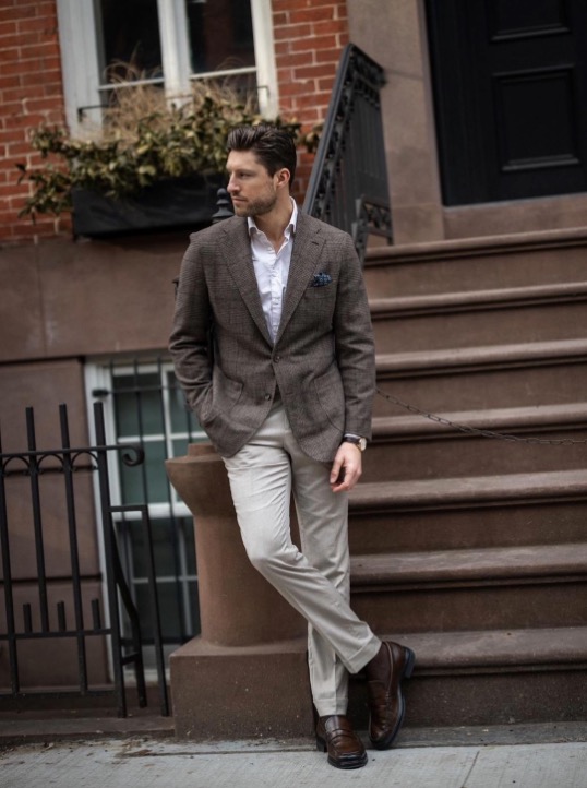 Julianpiket Business Outfit Casual Brown Jacket And Beige Chinos