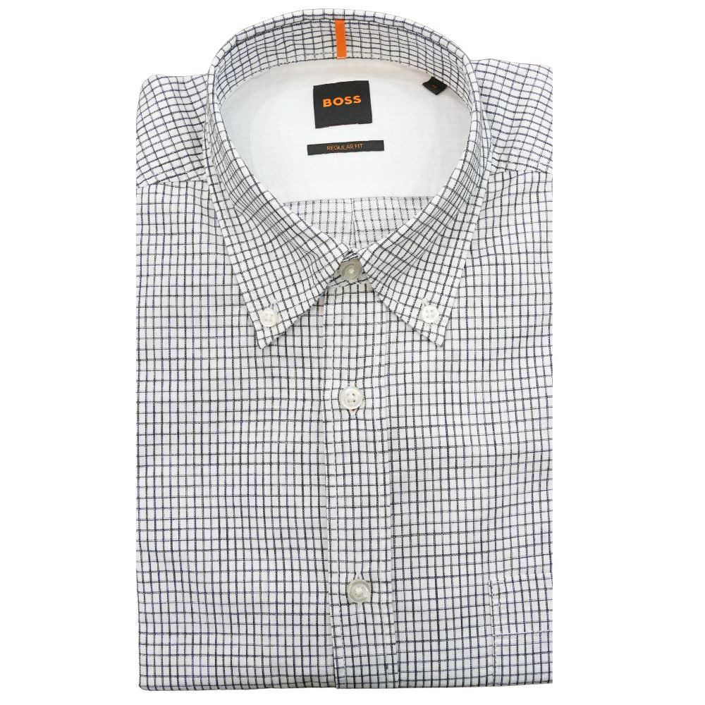 BOSS Ricker Regular Fit White Check Shirt with Button Down Collar