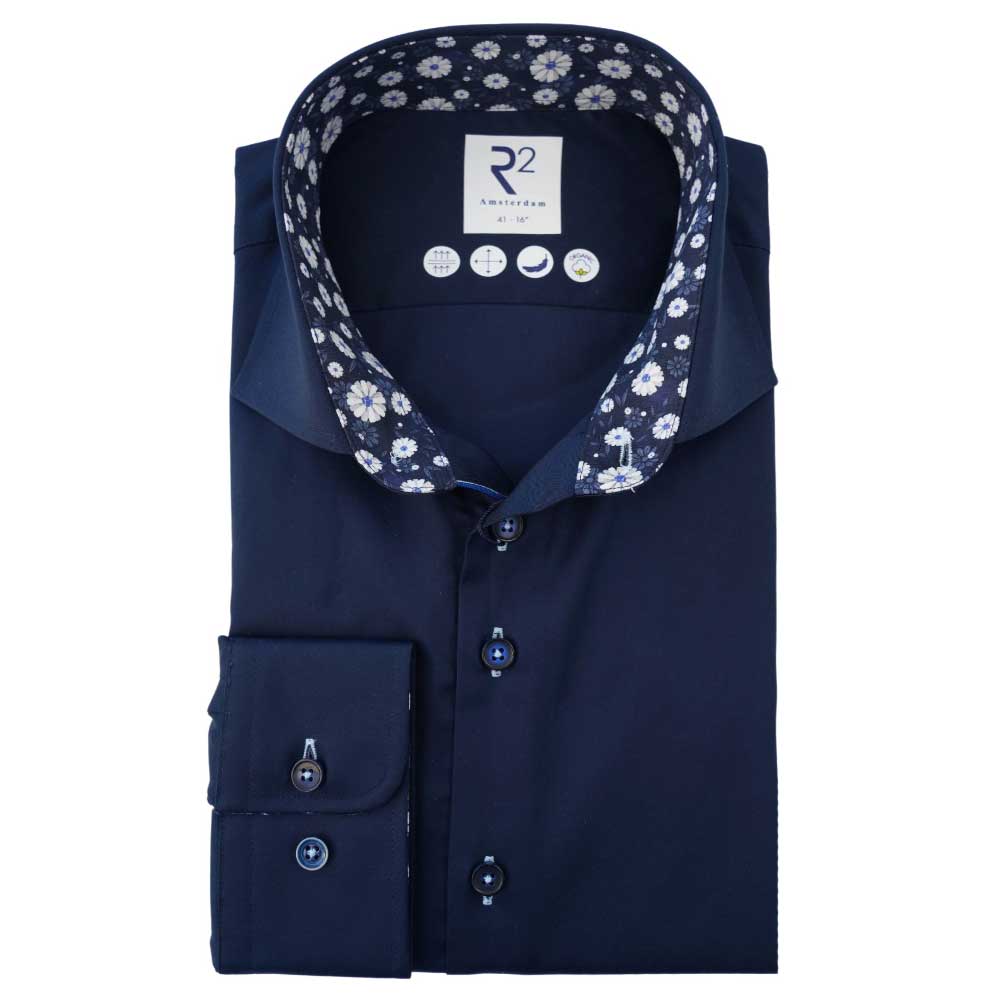 R2 Navy Shirt with Floral Trim