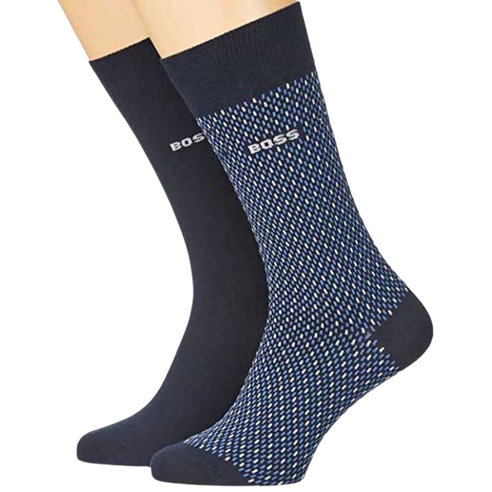 BOSS 2 Pack Regular Length Navy And Blue Miniprint Socks With Stretch